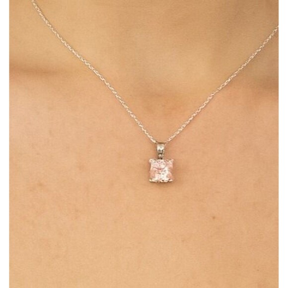 Pink Tourmaline Zircon Necklace, October Birthstone Jewelry, Square Princess Cut - Picture 2 of 9